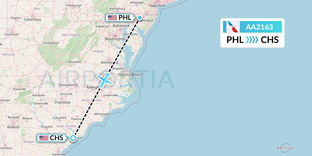 AA2163 American Airlines Flight Map: Philadelphia to Charleston
