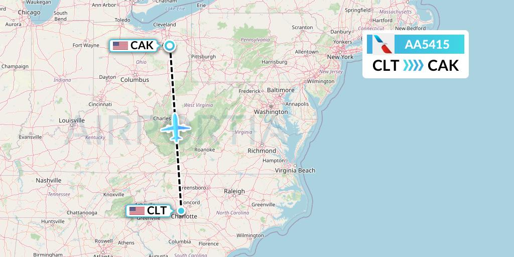 AA5415 American Airlines Flight Map: Charlotte to Akron