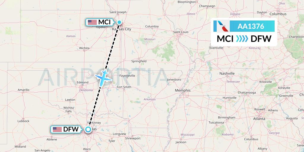 AA1376 American Airlines Flight Map: Kansas City to Dallas