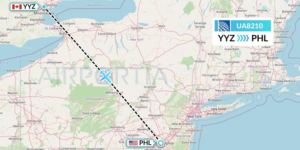 UA8210 United Airlines Flight Map: Toronto to Philadelphia