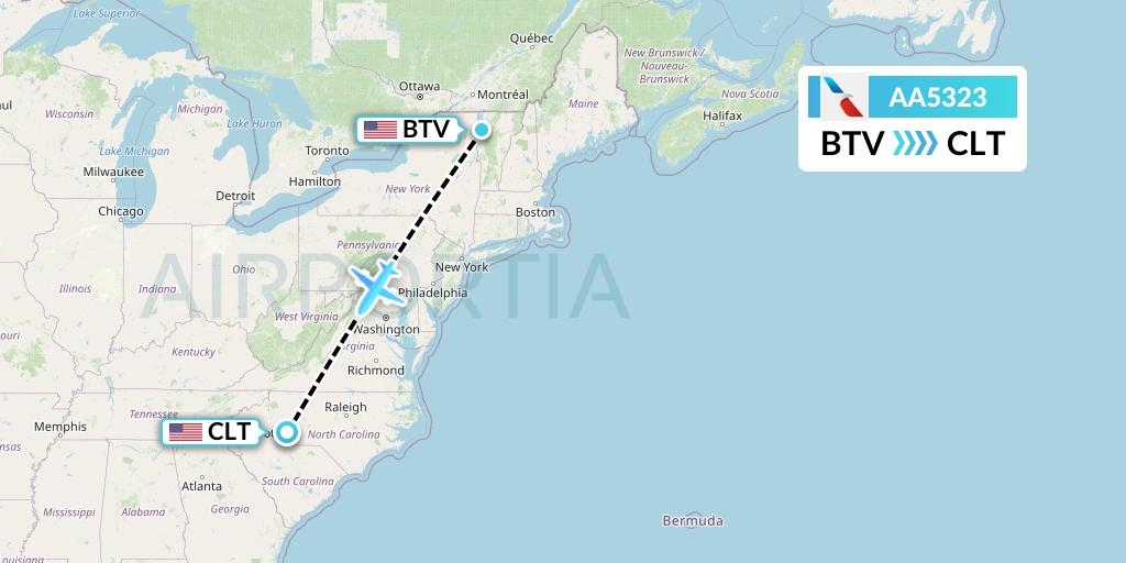 AA5323 American Airlines Flight Map: Burlington to Charlotte