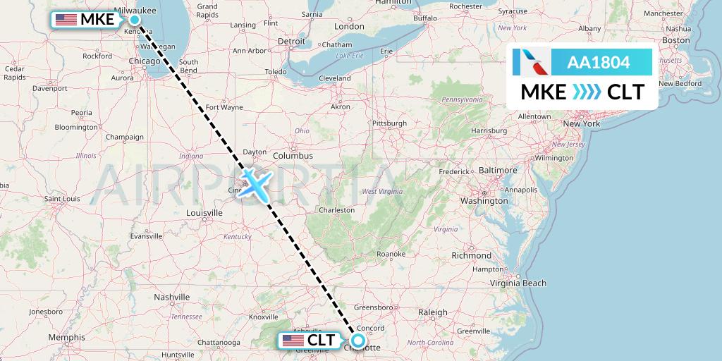 AA1804 American Airlines Flight Map: Milwaukee to Charlotte