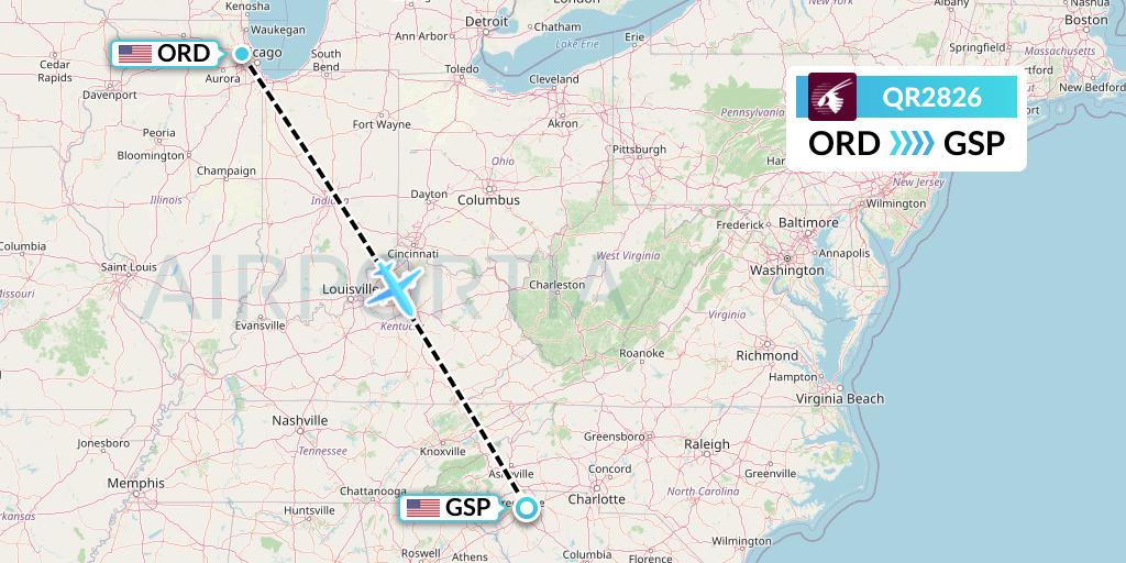 QR2826 Qatar Airways Flight Map: Chicago to Greenville-Spartanburg