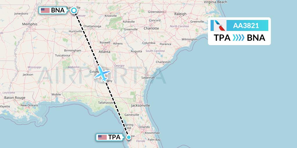AA3821 American Airlines Flight Map: Tampa to Nashville