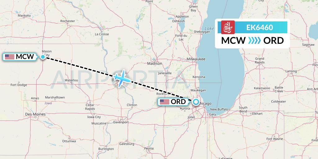 EK6460 Emirates Flight Map: Mason City to Chicago