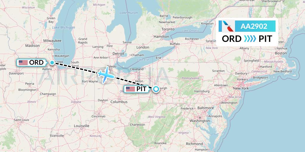 AA2902 American Airlines Flight Map: Chicago to Pittsburgh