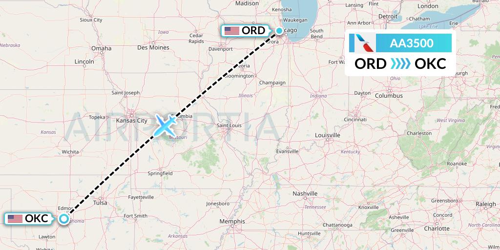 AA3500 American Airlines Flight Map: Chicago to Oklahoma City
