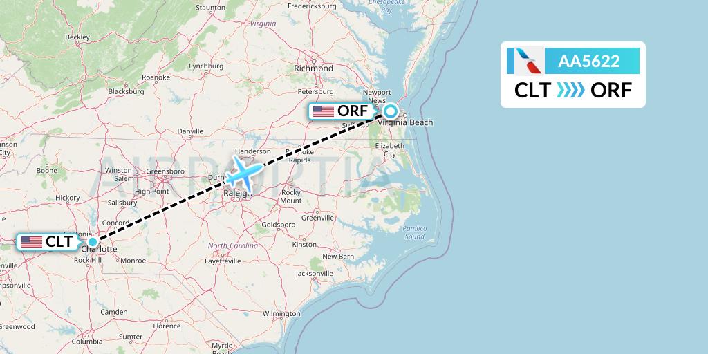 AA5622 American Airlines Flight Map: Charlotte to Norfolk
