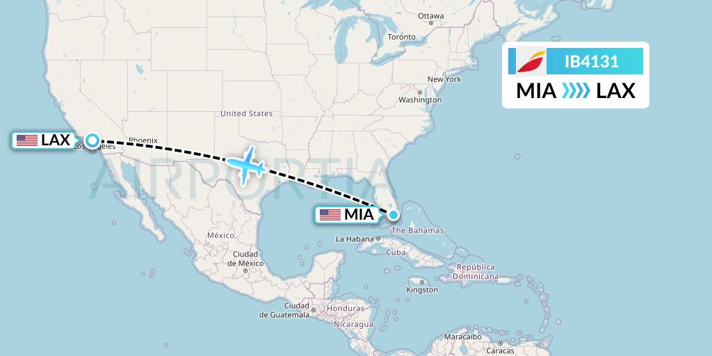 IB4131 Iberia Flight Map: Miami to Los Angeles