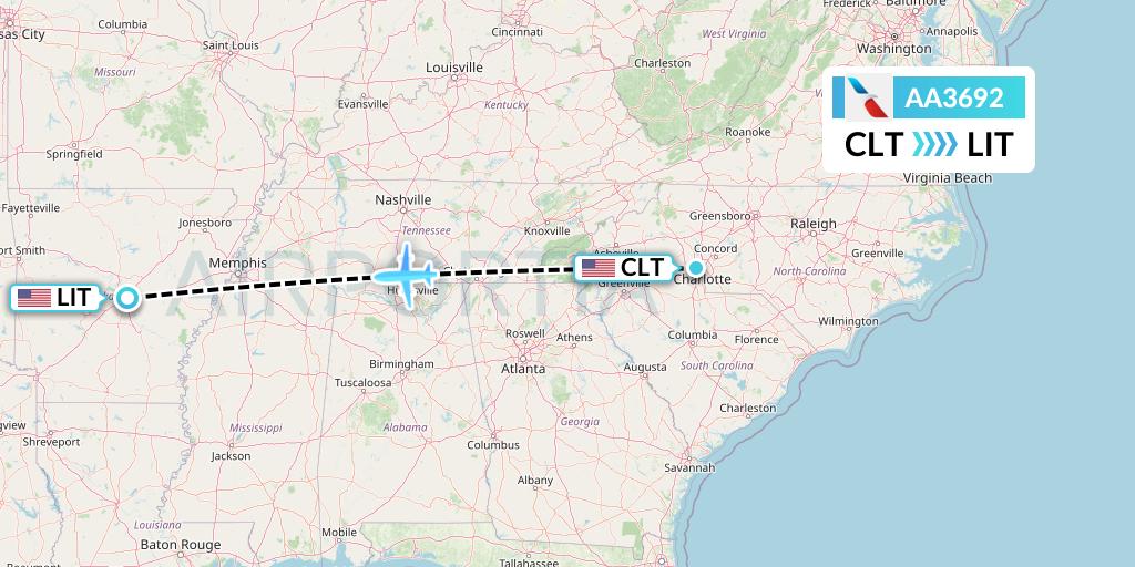 AA3692 American Airlines Flight Map: Charlotte to Little Rock
