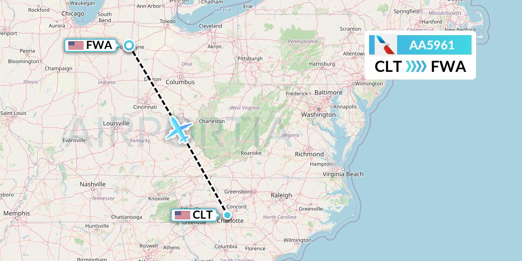 AA5961 American Airlines Flight Map: Charlotte to Fort Wayne