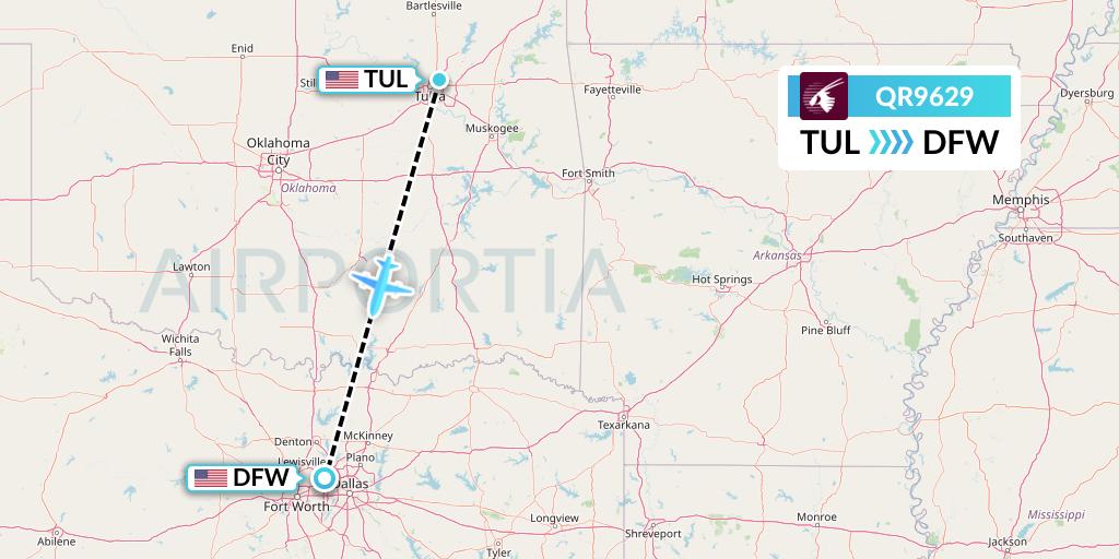 QR9629 Qatar Airways Flight Map: Tulsa to Dallas