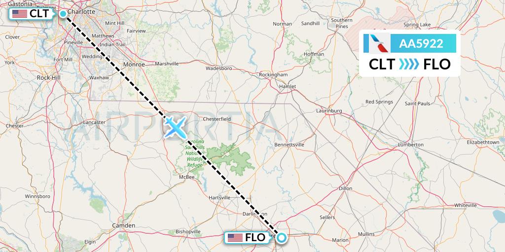 AA5922 American Airlines Flight Map: Charlotte to Florence