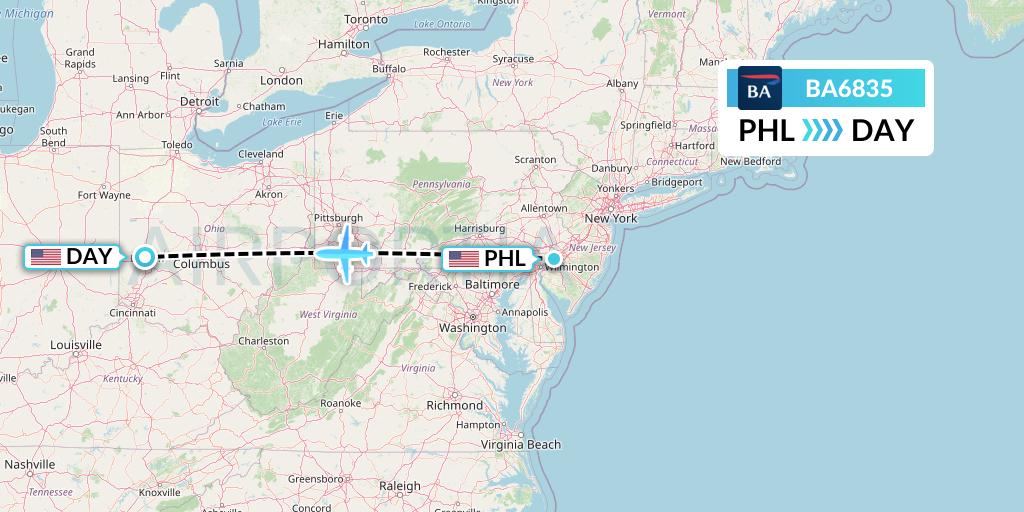 BA6835 British Airways Flight Map: Philadelphia to Dayton
