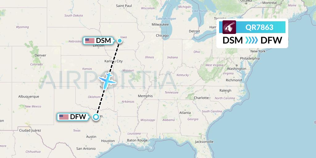 QR7863 Qatar Airways Flight Map: Des Moines to Dallas