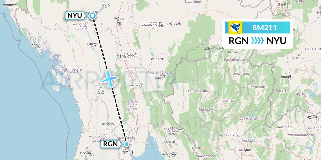 8M211 Myanmar Airways International Flight Map: Yangon to Nyaung U