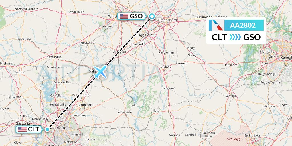 AA2802 American Airlines Flight Map: Charlotte to Greensboro