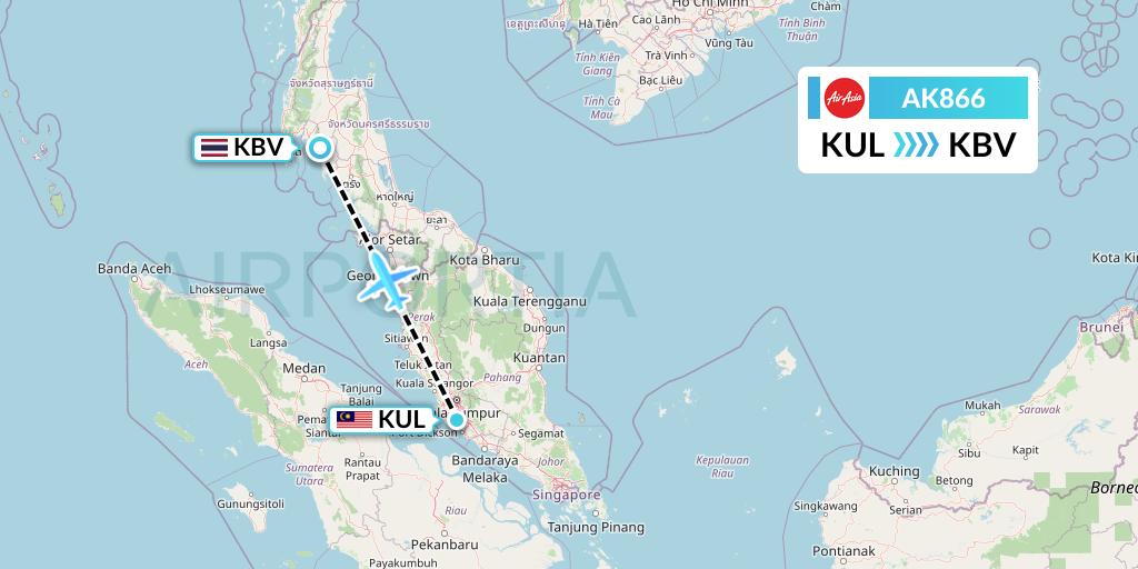 AK866 AirAsia Flight Map: Kuala Lumpur to Krabi