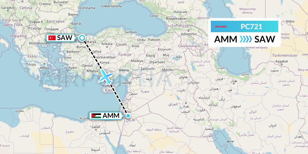 PC721 Pegasus Airlines Flight Map: Amman to Istanbul