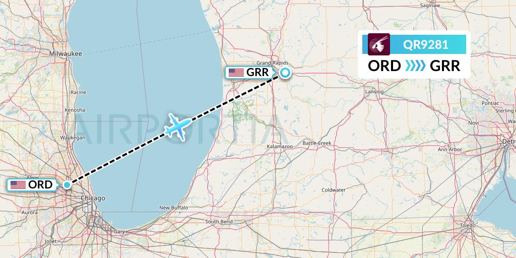 QR9281 Qatar Airways Flight Map: Chicago to Grand Rapids