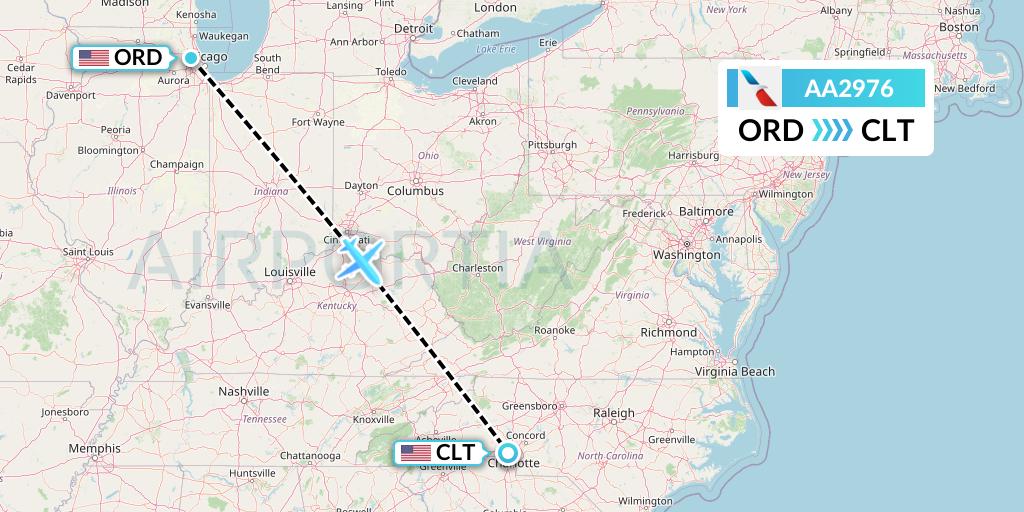 AA2976 American Airlines Flight Map: Chicago to Charlotte
