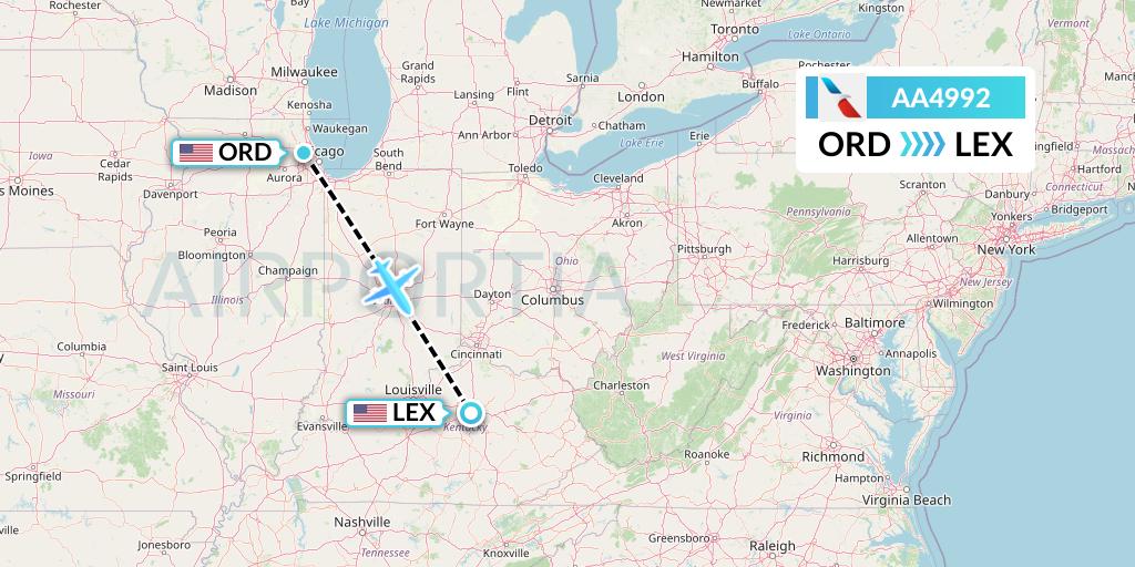 AA4992 American Airlines Flight Map: Chicago to Lexington