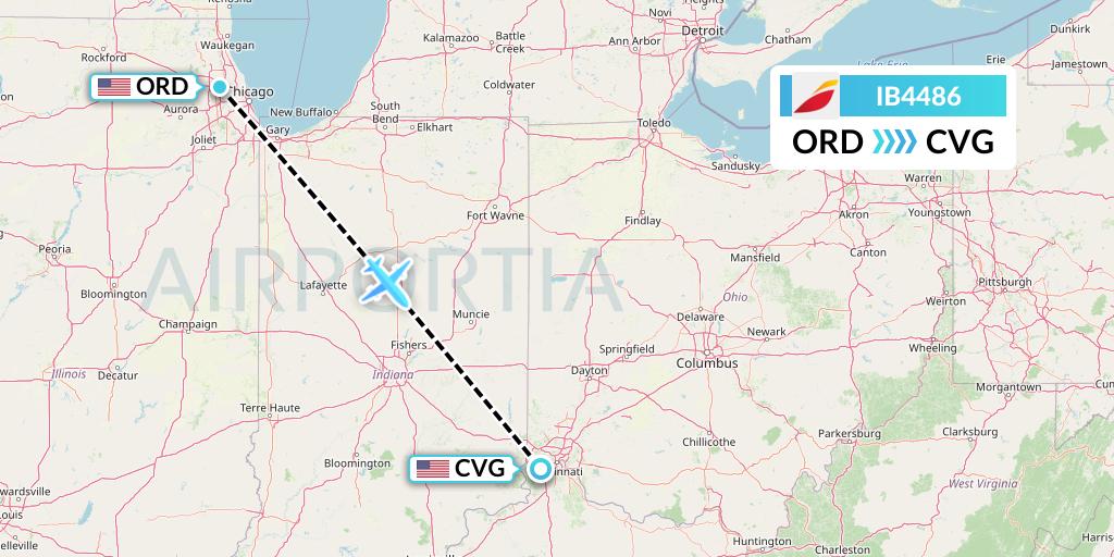 IB4486 Iberia Flight Map: Chicago to Cincinnati