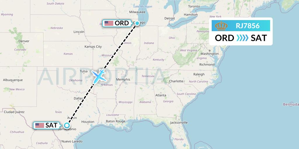 RJ7856 Royal Jordanian Flight Map: Chicago to San Antonio