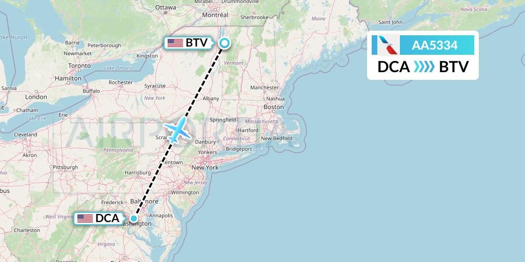 AA5334 American Airlines Flight Map: Washington to Burlington