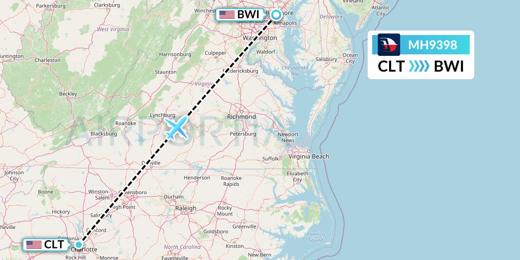 MH9398 Malaysia Airlines Flight Map: Charlotte to Baltimore