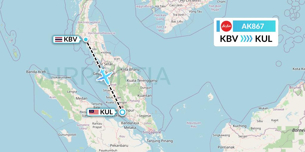 AK867 AirAsia Flight Map: Krabi to Kuala Lumpur