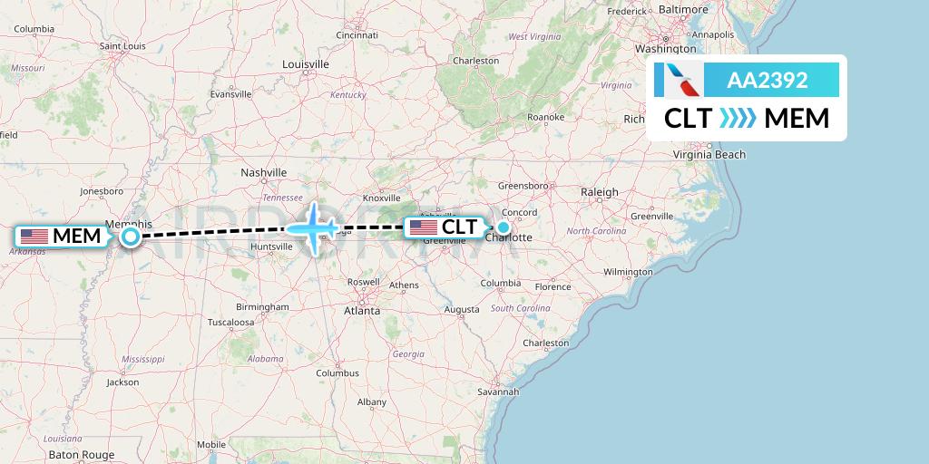 AA2392 American Airlines Flight Map: Charlotte to Memphis
