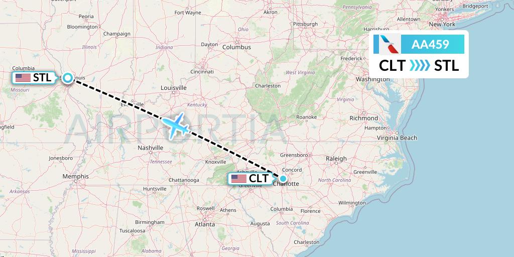 AA459 American Airlines Flight Map: Charlotte to St. Louis
