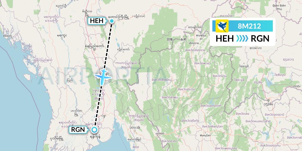 8M212 Myanmar Airways International Flight Map: Heho to Yangon