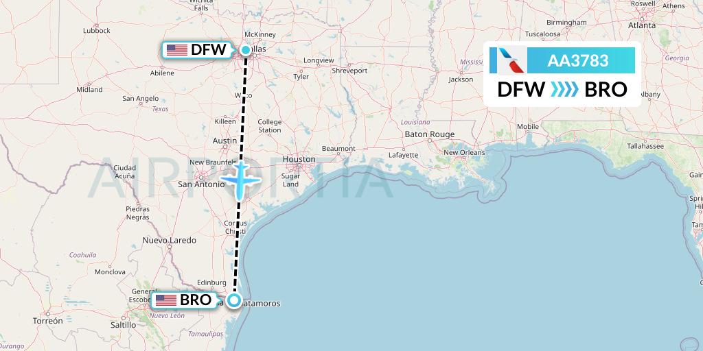 AA3783 American Airlines Flight Map: Dallas to Brownsville
