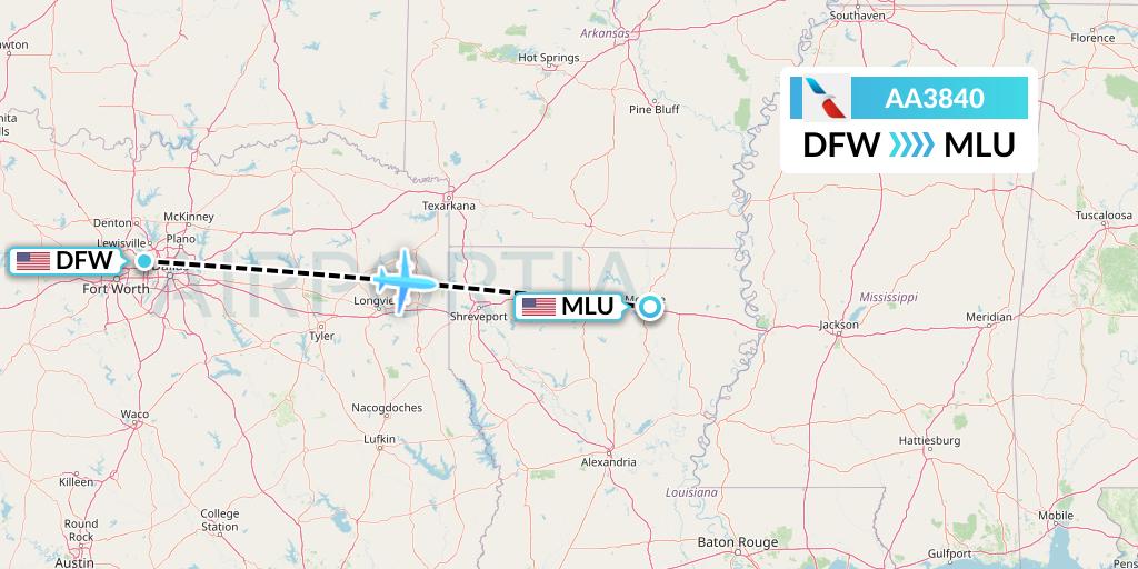 AA3840 American Airlines Flight Map: Dallas to Monroe