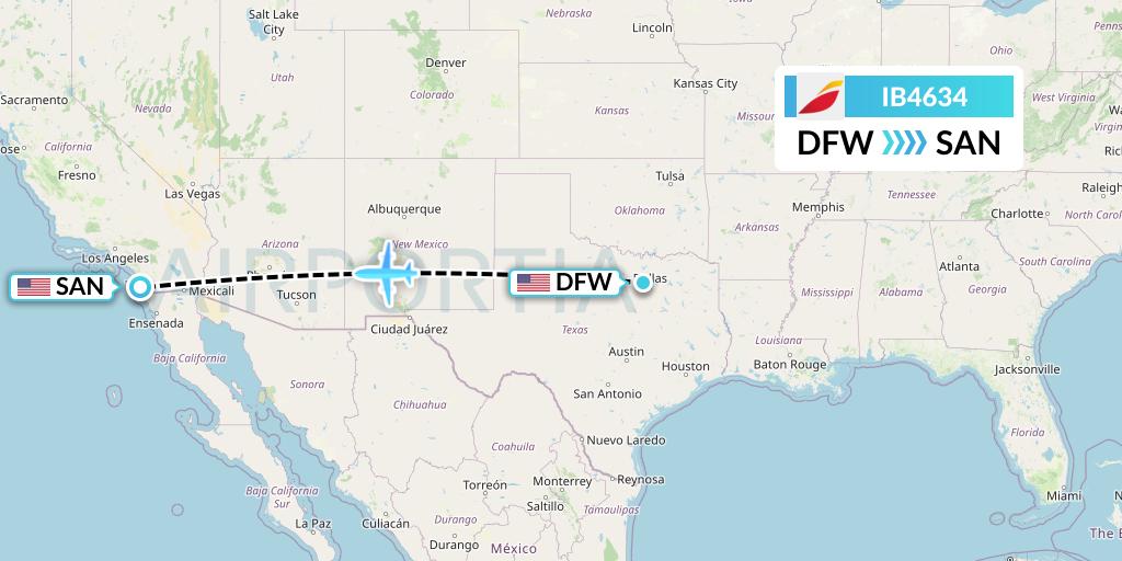 IB4634 Iberia Flight Map: Dallas to San Diego