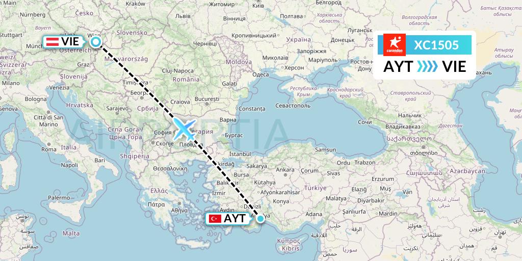 XC1505 Corendon Airlines Flight Map: Antalya to Vienna
