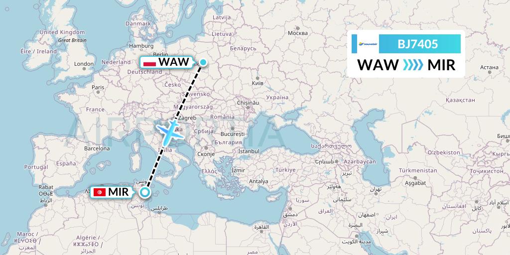 BJ7405 Nouvelair Tunisie Flight Map: Warsaw to Monastir