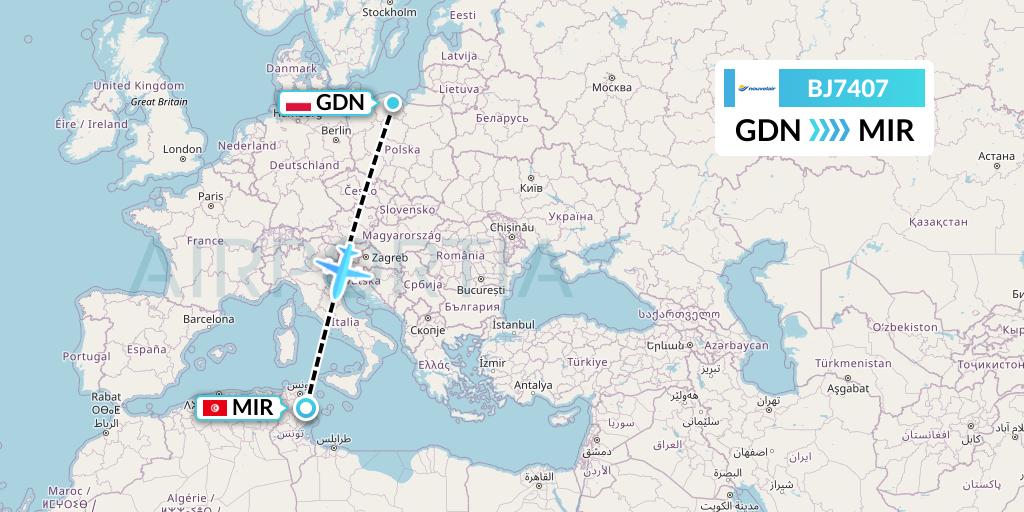 BJ7407 Nouvelair Tunisie Flight Map: Gdansk to Monastir