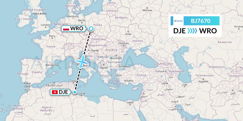 BJ7670 Nouvelair Tunisie Flight Map: Djerba to Wroclaw