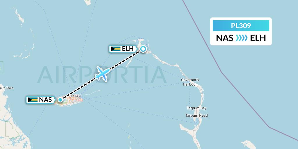 PL309 Southern Air Charter Flight Map: Nassau to North Eleuthera