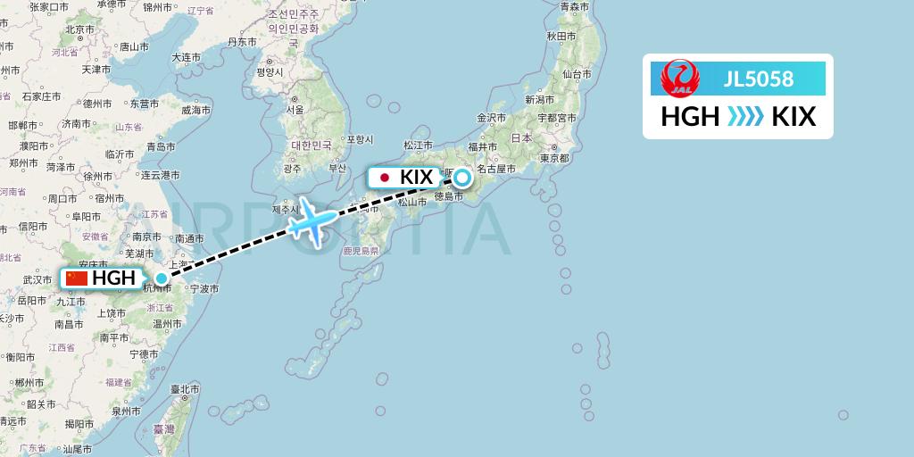 JL5058 Japan Airlines Flight Map: Hangzhou to Osaka