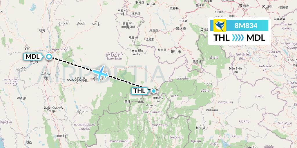 8M834 Myanmar Airways International Flight Map: Tachilek to Mandalay