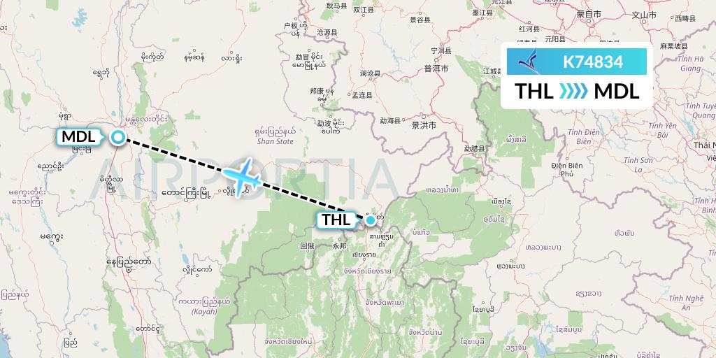 K74834 Air KBZ Flight Map: Tachilek to Mandalay