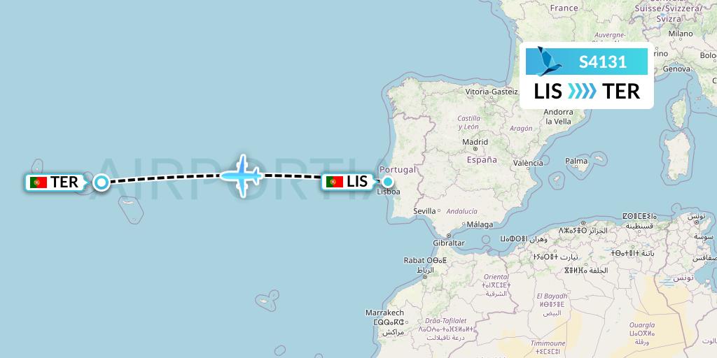 S4131 Azores Airlines Flight Map: Lisbon to Lajes