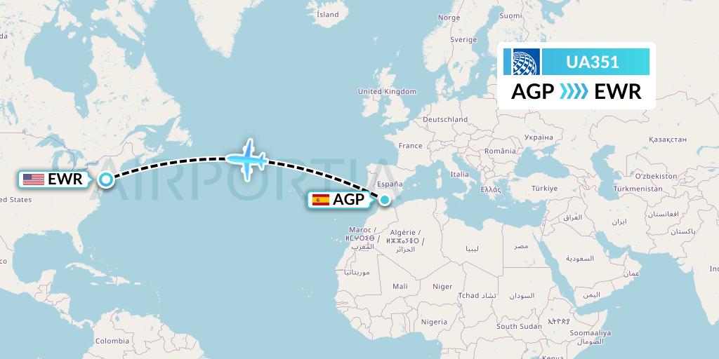 UA351 United Airlines Flight Map: Malaga to New York