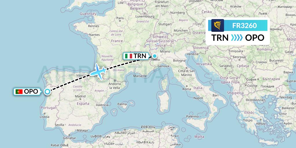 FR3260 Ryanair Flight Map: Turin to Porto