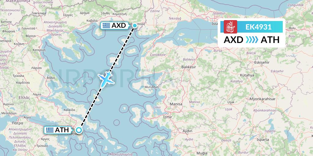 EK4931 Emirates Flight Map: Alexandroupolis to Athens