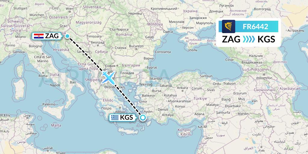 FR6442 Ryanair Flight Map: Zagreb to Kos